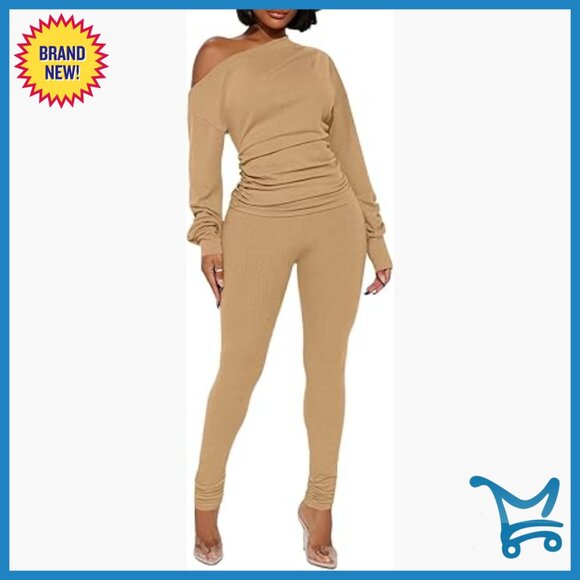 Two Piece Ribbed Tracksuit Set Off Shoulder Top Leggings Clubwear